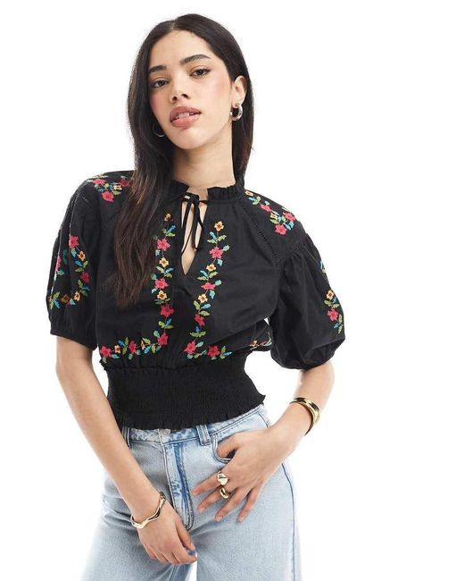 Miss Selfridge Black Embroidered Crop Top