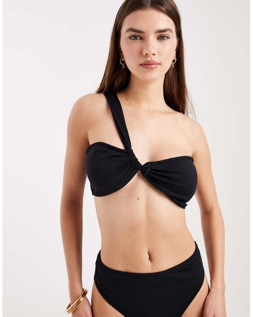 4th & Reckless Black Crinkle One Shoulder Twist Detail Bikini Top Co-ord