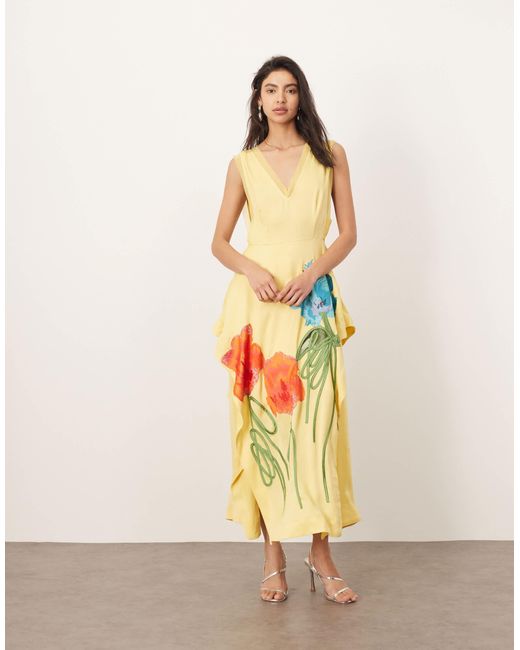 ARRANGE Natural Floral Embroidered Sleeveless Midi Dress With Side Splits