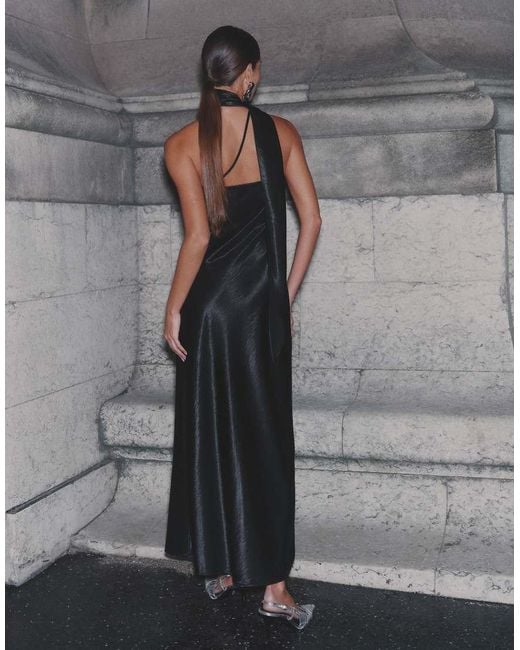 4th & Reckless Gray Satin One Shoulder Drape Scarf Detail Maxi Dress