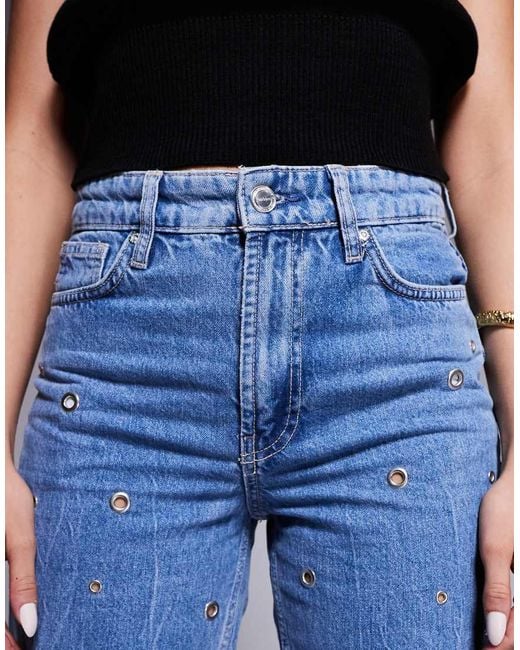 River Island Blue Relaxed Straight Leg Jean With Eyelet Detail