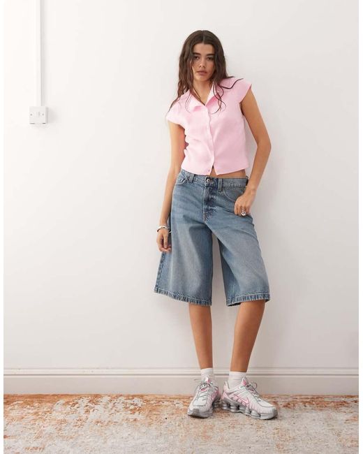 Collusion Pink Knitted Rib Button Through Top