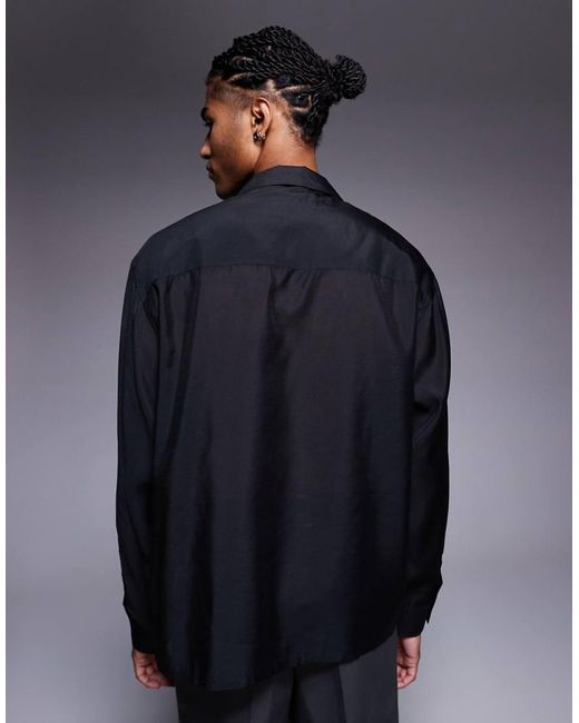 Camisa Negra Extragrande Con Cuello De Solapas Pronunciado Y Bordado En El Mismo Tono De ASOS de hombre de color Blue