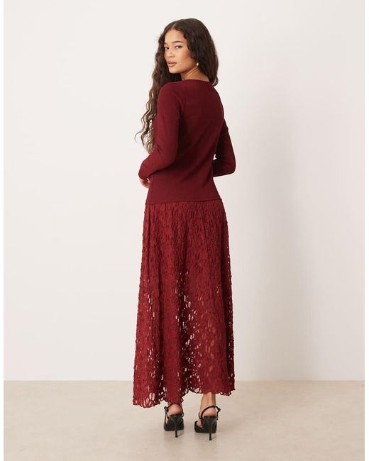 ASOS Midi-Jurk Met Lange Mouwen, Verlaagde Taille En Kanten Rok in het Red