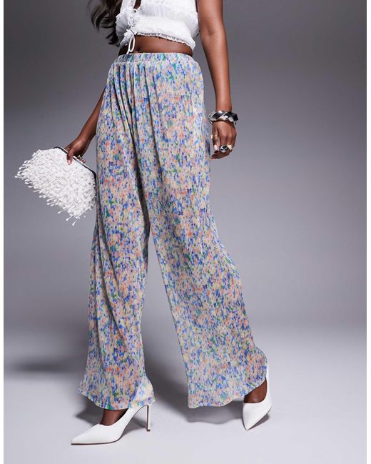 ASOS Blue – plissierte hose aus geblümtem netzstoff mit weitem bein, kombiteil