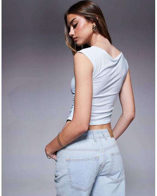 Top froncé sur le côté à encolure bateau et mancherons - pastel ASOS en coloris Gray