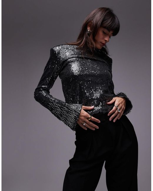 & Other Stories Black All Over Sequin Top With Fringe Sequin Sleeve Detail