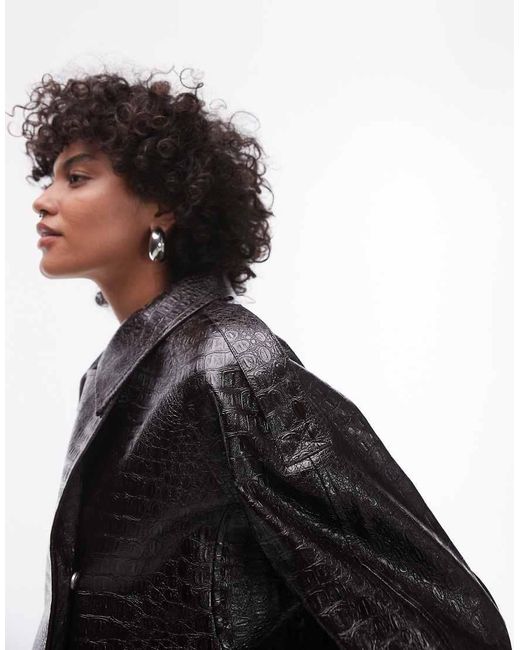 TOPSHOP Black Faux Leather Croc Trench Coat