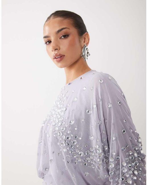 ASOS Purple Blouson Bodice Embellished Batwing Sleeve Maxi Dress With Godet Hem