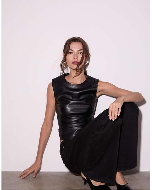 Stradivarius Black Sleeveless Leather Effect Top