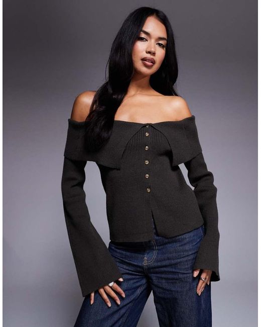 Kaiia Black Exclusive Ribbed Foldover Bardot Knitted Button Detail Flare Sleeve Jumper