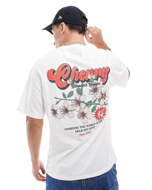 Jack & Jones White Oversized T-shirt With Cherry Blossom Backprint for men