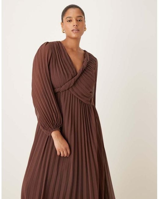 ASOS Brown Asos Design Curve Twist Detail Wrap Front Pleated Midi Dress