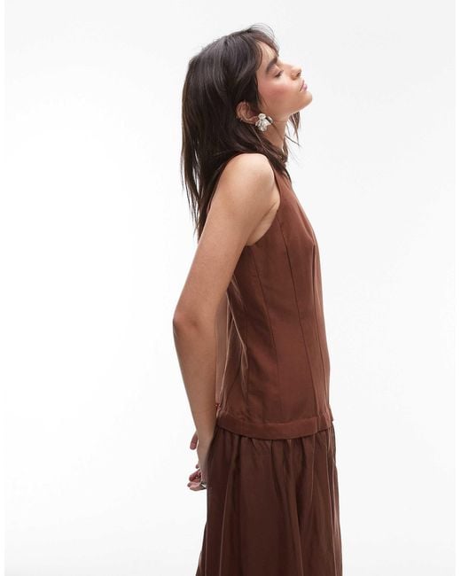 Mango Linen Dropped Waist Maxi Dress With Sheer Hem in Brown | Lyst