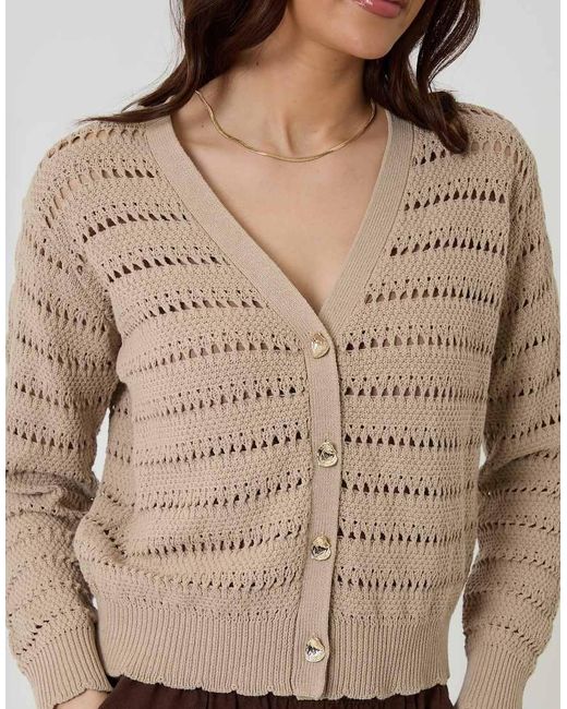 Threadbare Brown Pointelle Knit V-Neck Cardigan