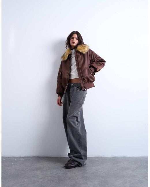 TOPSHOP Brown Nylon Bomber Jacket With A Faux Fur Collar