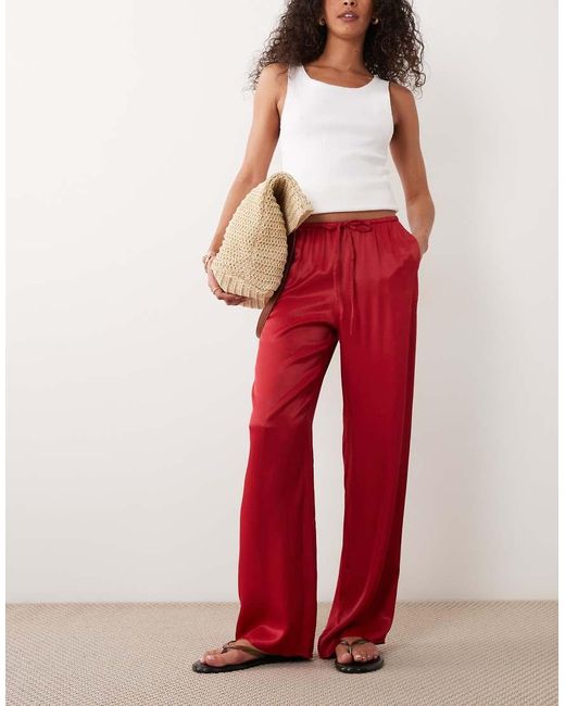 ASOS Red Satin Wide Leg Pull On Trouser