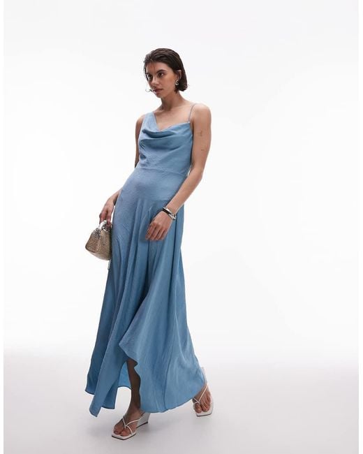 Mango Blue One Shoulder Satin Midi Dress