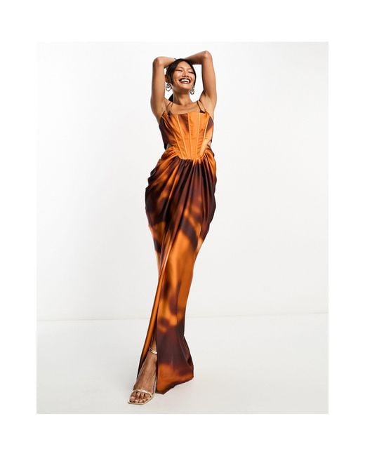 ASOS Orange Corset Boned Satin Cut Out Maxi Dress With Draped Skirt