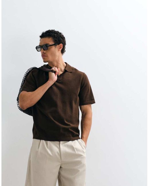 ASOS Brown Essential Relaxed Fine-knit Notch Polo for men
