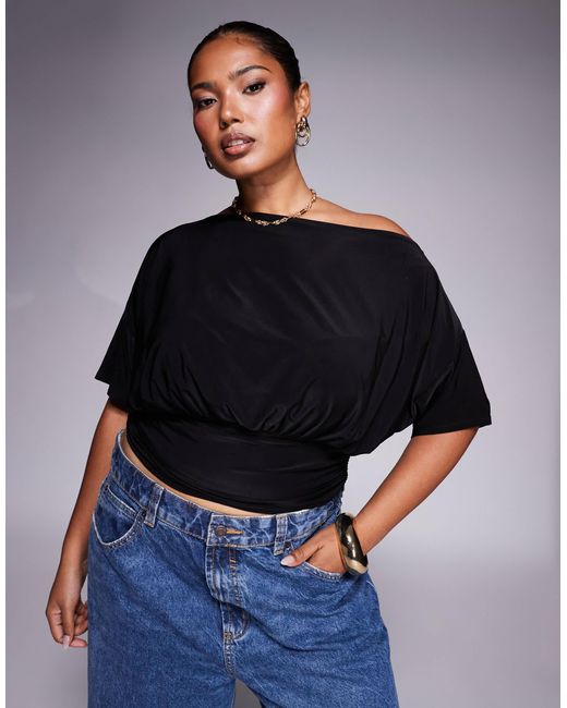 ASOS Blue Asos Design Curve Asymmetric One Shoulder Short Sleeve Top With Cinch Waist Detail