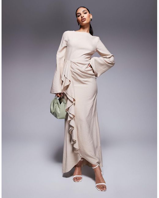 ASOS Long Sleeve Linen Maxi Dress With Ruffle Skirt in Natural | Lyst