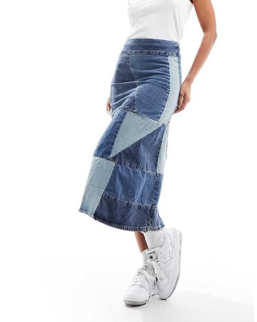 Mango Blue Capsule Patchwork Denim Midi Skirt
