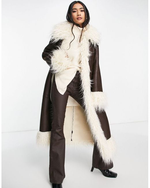 TOPSHOP Faux Suede & Fur Trim Long Coat in Brown | Lyst Canada