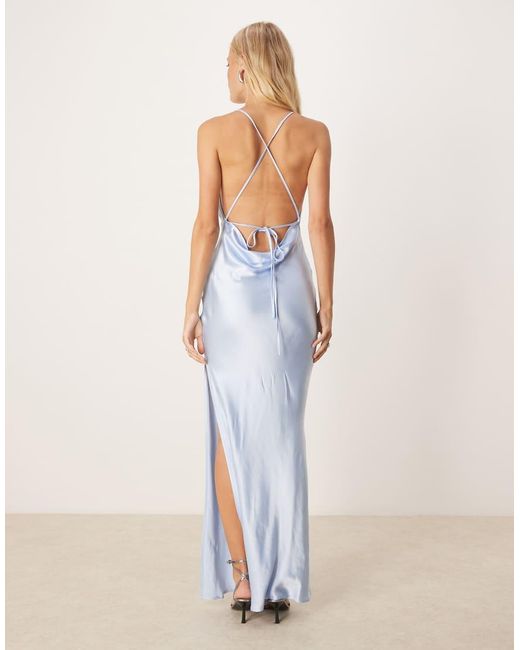 SNDY'S Blue Exclusive Satin Cowl Neck Strappy Open Back Side Split Maxi Dress