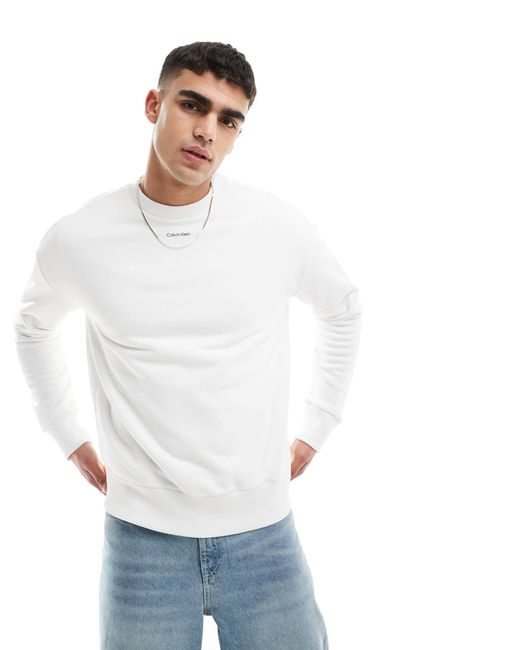 Calvin Klein White Nano Logo Cotton Modal Crew Neck Sweatshirt for men