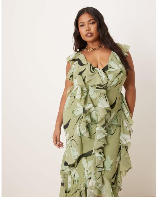 Asos design curve - robe longue en biais à volants et dos ou - à imprimé fleuri ASOS en coloris Green