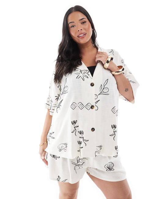 Asos design curve - chemise d'ensemble en lin mélangé à imprimé esquisses et manches courtes ASOS en coloris White