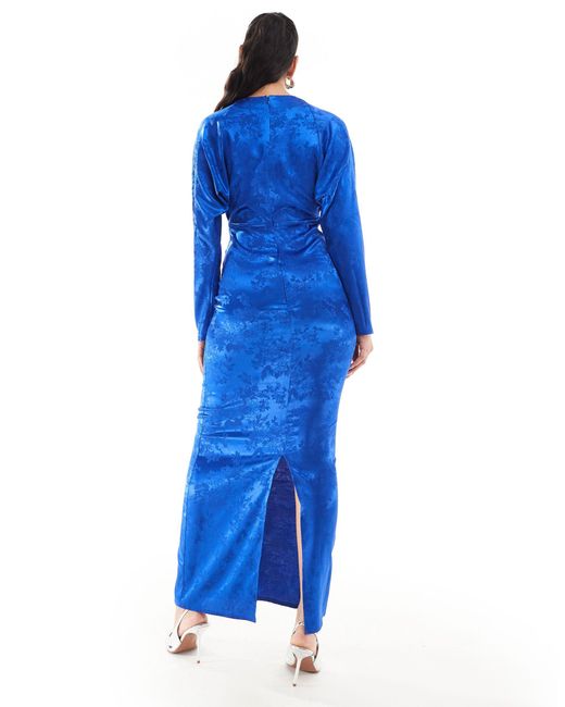 Flounce London Blue Satin Maxi Dress With Kimono Sleeve