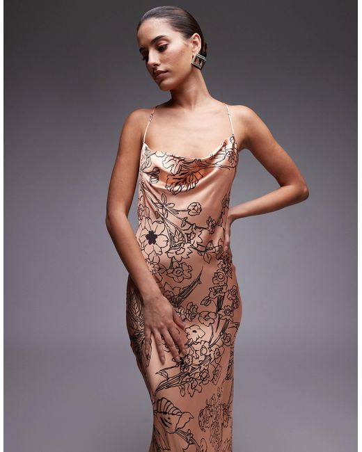 Robe nuisette longue à col bénitier - noir sinueux fleuri TOPSHOP en coloris Gray