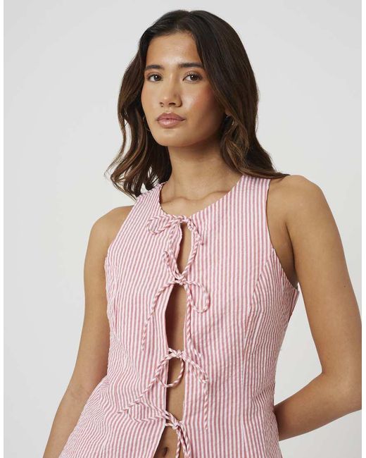 Brave Soul Pink Woven Stripe Tie Front Waistcoat