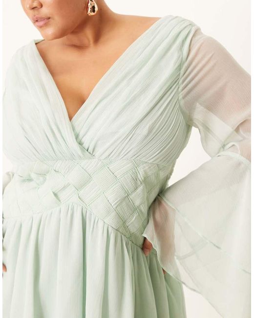 Vestido Corto Azul Tenue De Manga Larga Voluminosa Con Detalle Entretejido En La Cintura De Asos Design Curve ASOS de color White