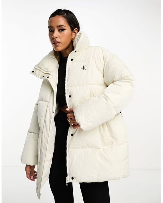 Calvin Klein White Belted Long Puffer Jacket
