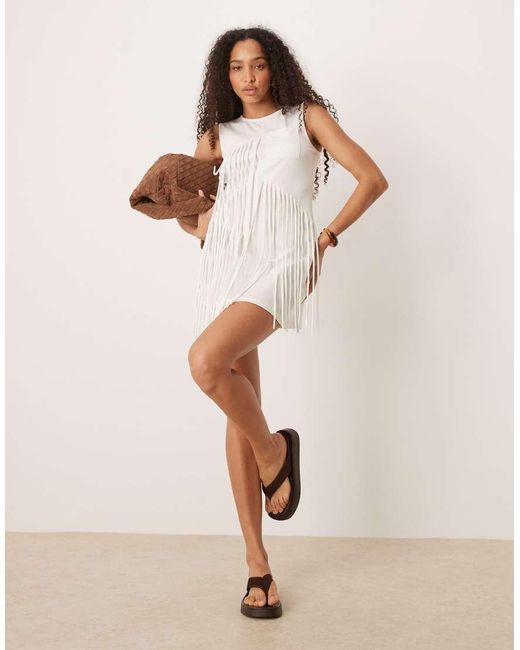 ASOS White Sleeveless Fringe Mini Dress With Pocket Detail