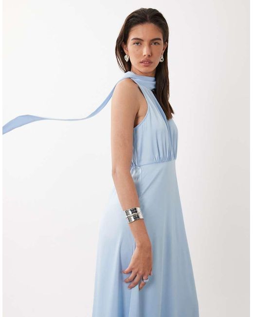 Y.A.S White High Neck Scarf Detail Satin Drapey Midi Dress