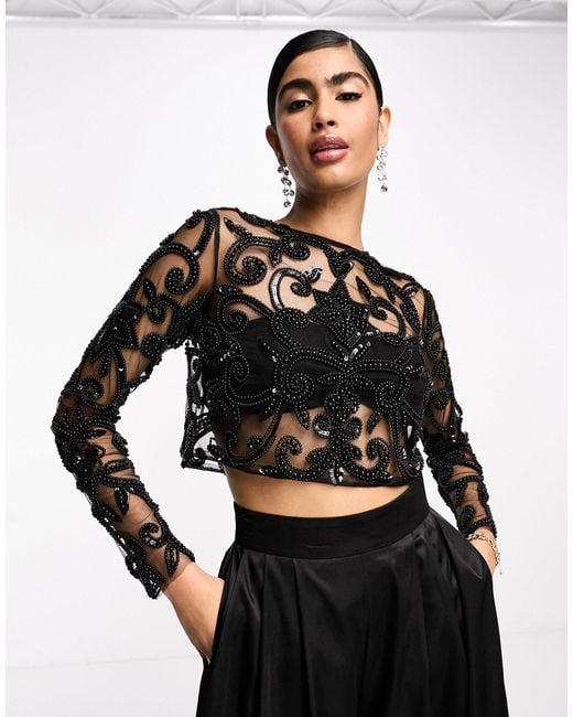 A Star Is Born Embellished Sheer Mesh Long Sleeve Crop Top in