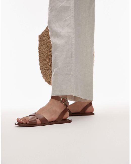 Mango Brown Leather Flat Sandals