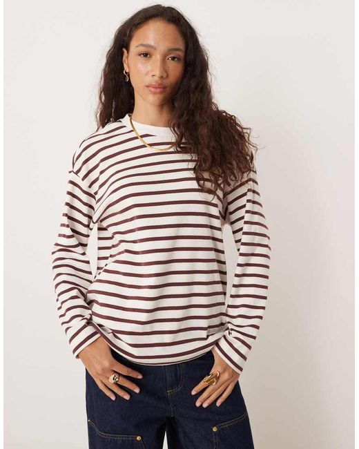 T-Shirt A Maniche Lunghe Bianca E Marrone A Righe di Vila in Brown