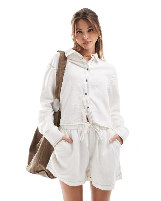ONLY White Linen Blend Cropped Shirt Co-ord With Contrast Stitch