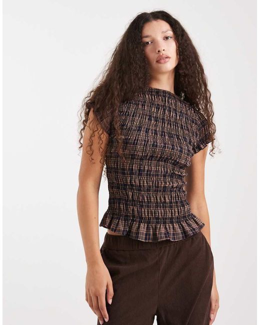 Daisy Street Brown Shirred Short Sleeve Top