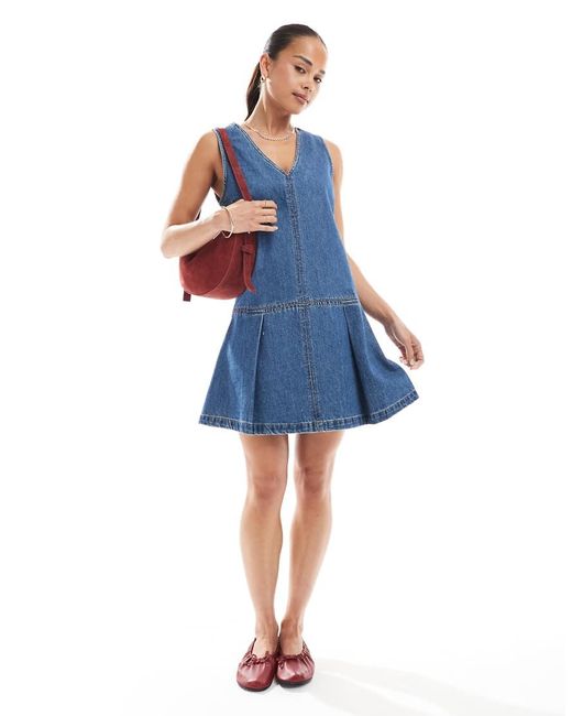 ASOS Blue Denim Sleeveless Mini Dress With Pleated Drop Waist