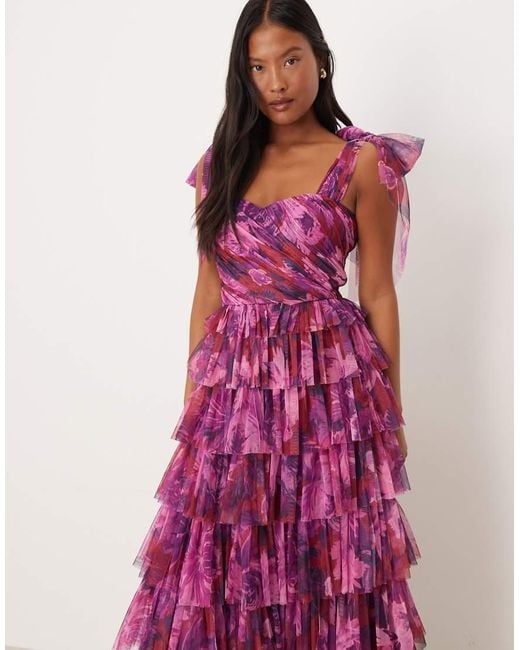 LACE & BEADS Purple Bow Shoulder Tulle Maxi Dress