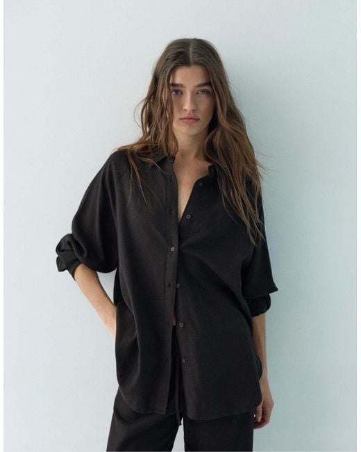 Pull&Bear Black – langärmliges hemd aus leinenmix