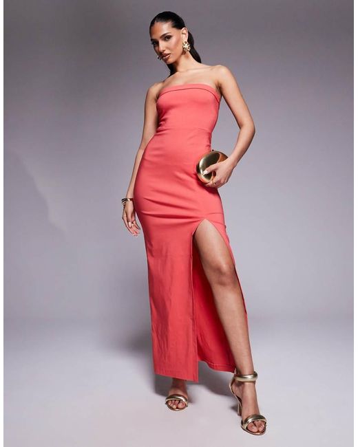 Vesper Red Bandeau Bodycon Maxi Dress With Thigh Split