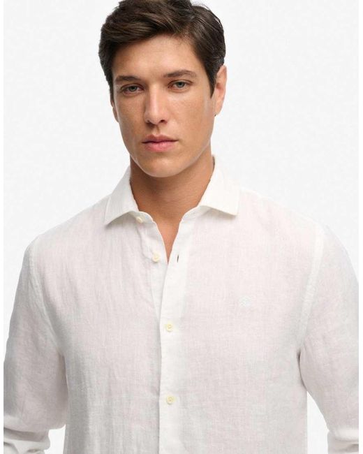 Superdry White Riviera Long Sleeve Linen Shirt for men