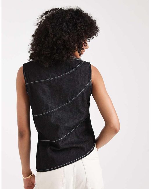Top Vaquero Negro Y Crudo Asimétrico Con Costuras A La Vista De ASOS de color Black